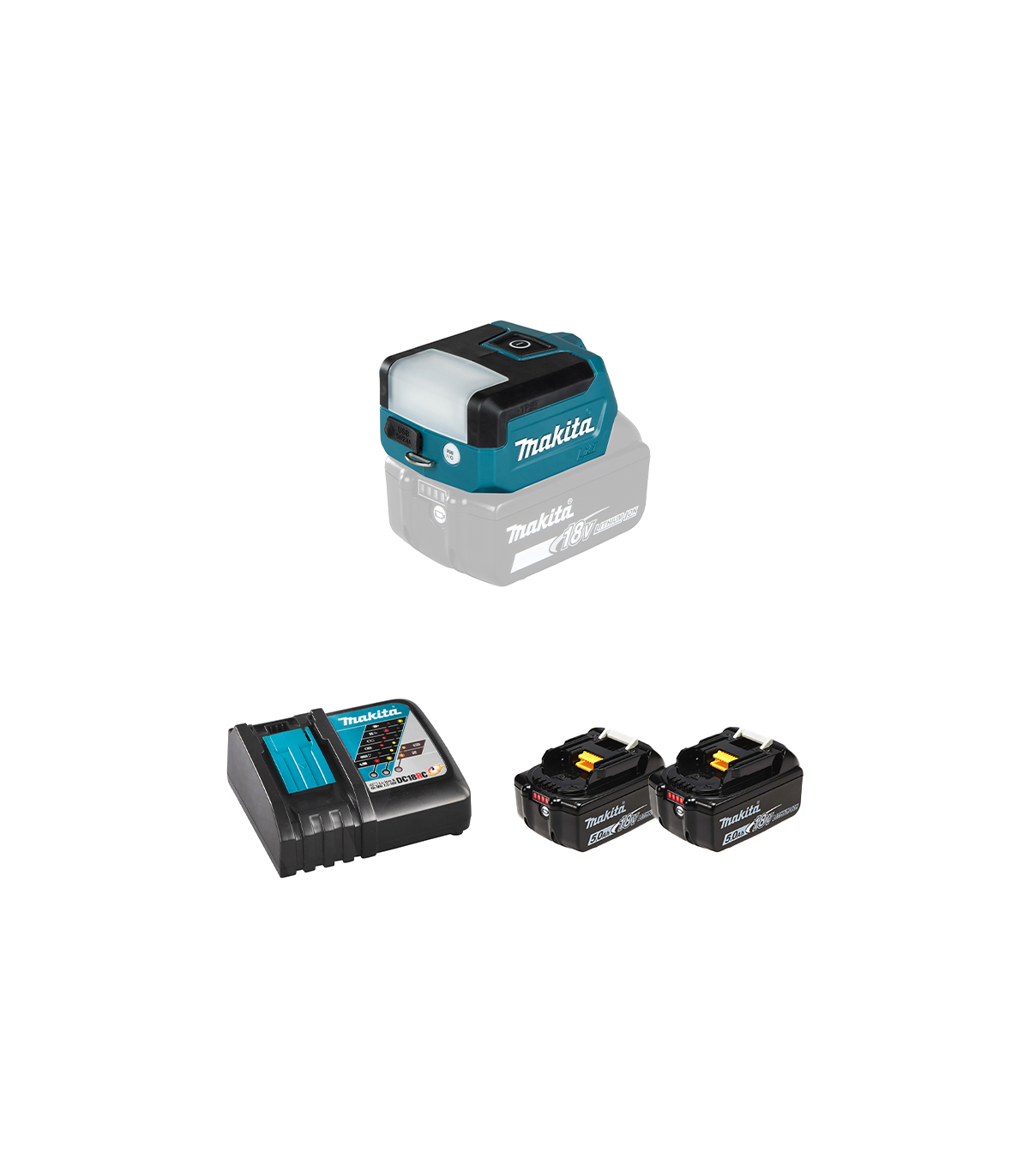 Lampe sur batterie 14,4/18V 300 lx DEADML817 + 2 batteries BL1850B 18V 5 Ah + chargeur rapide DC18RC MAKITA