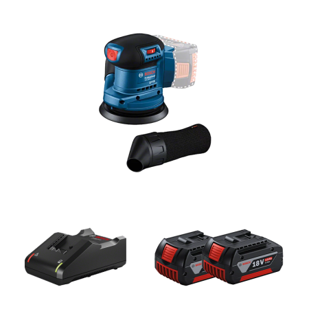 Ponceuse excentrique Ø125 mm GEX 185-LI + 2 batteries GBA 18V 4 Ah + Chargeur GAL 18V-40 BOSCH