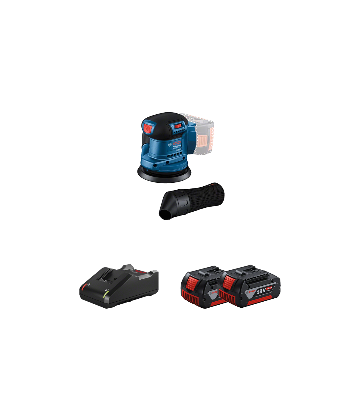 Ponceuse excentrique Ø125 mm GEX 185-LI + 2 batteries GBA 18V 4 Ah + Chargeur GAL 18V-40 BOSCH