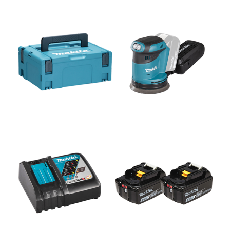 Ponceuse excentrique 18V Ø125mm DBO180ZJ + 2 batteries BL1850B 18V 5 Ah + chargeur rapide DC18RC MAKITA