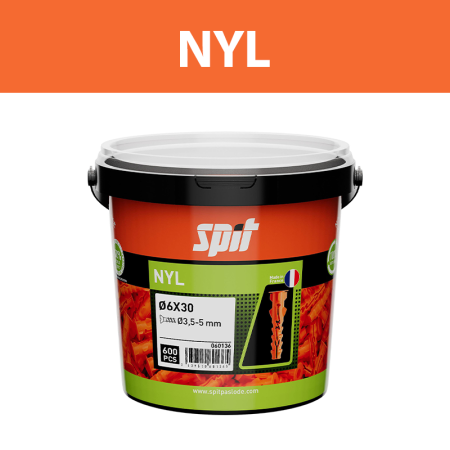 Seau 600 chevilles de fixation légère NYL 6x30 AVEC COLLERETTE SPIT