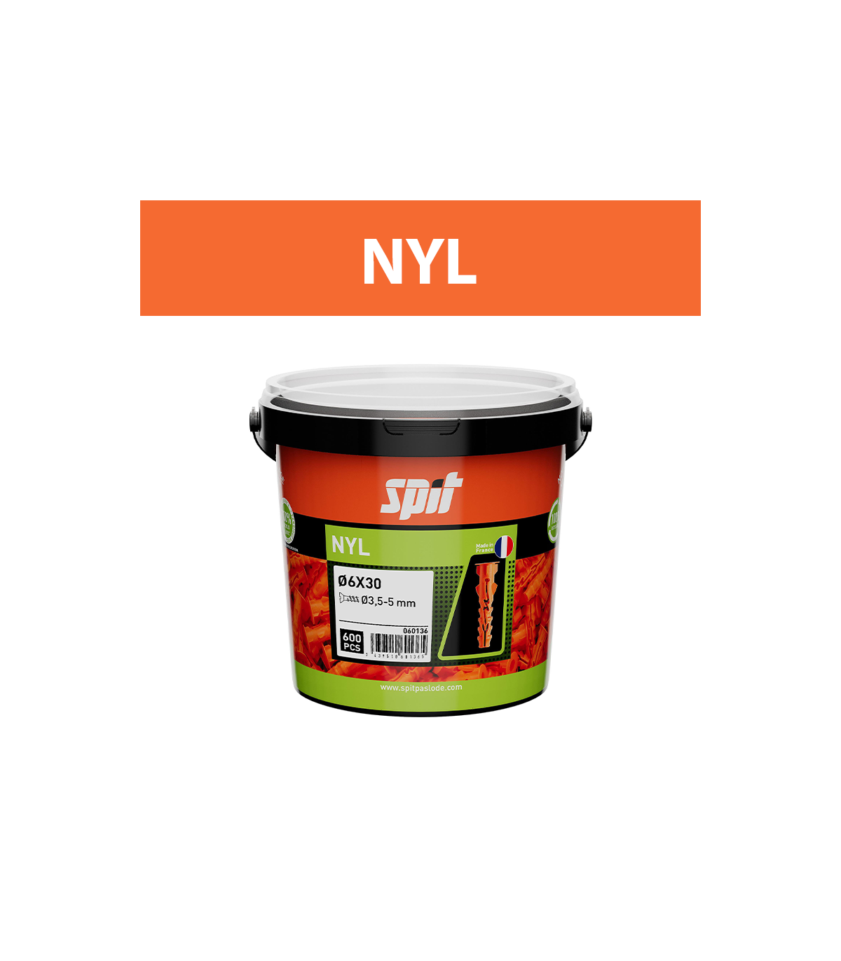 Seau 600 chevilles de fixation légère NYL 6x30 AVEC COLLERETTE SPIT