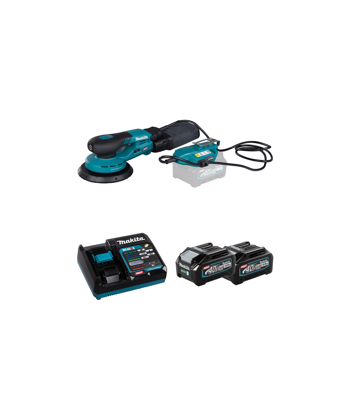 Ponceuse excentrique 40V Ø150 mm BO002CGZ + 2 batteries 40V 4 Ah + chargeur rapide DC40RA MAKITA