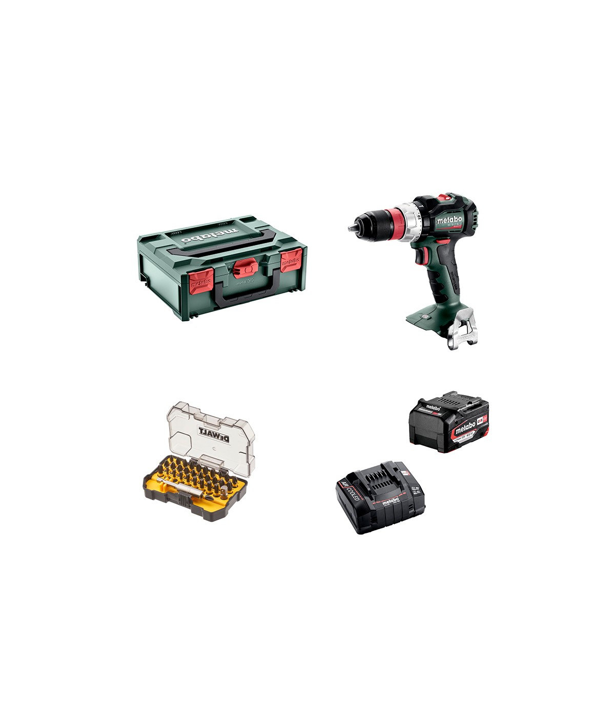 Pack perceuse-visseuse BS 18 LT BL Q + 1 batterie 18V 4 Ah + 1 chargeur rapide ACS 145 + 1 coffret de 30 embouts METABO