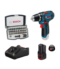 Pack Perceuse-visseuse GSR 12V-15 + 1 batterie 12V 2 Ah + chargeur GAL 12V-40 + coffret d'embouts BOSCH