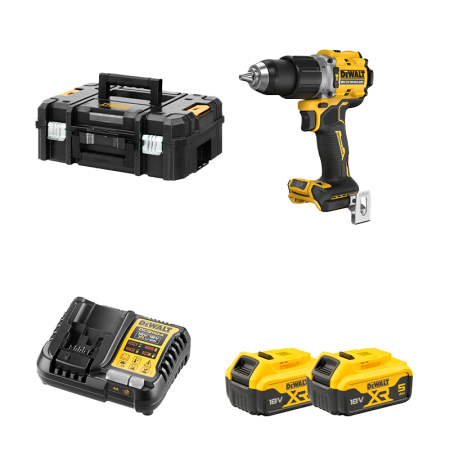 Perceuse-visseuse à percussion 18V DCD805NT-XJ + 2 batteries 18V 5 Ah + chargeur DCB1104-QW DEWALT