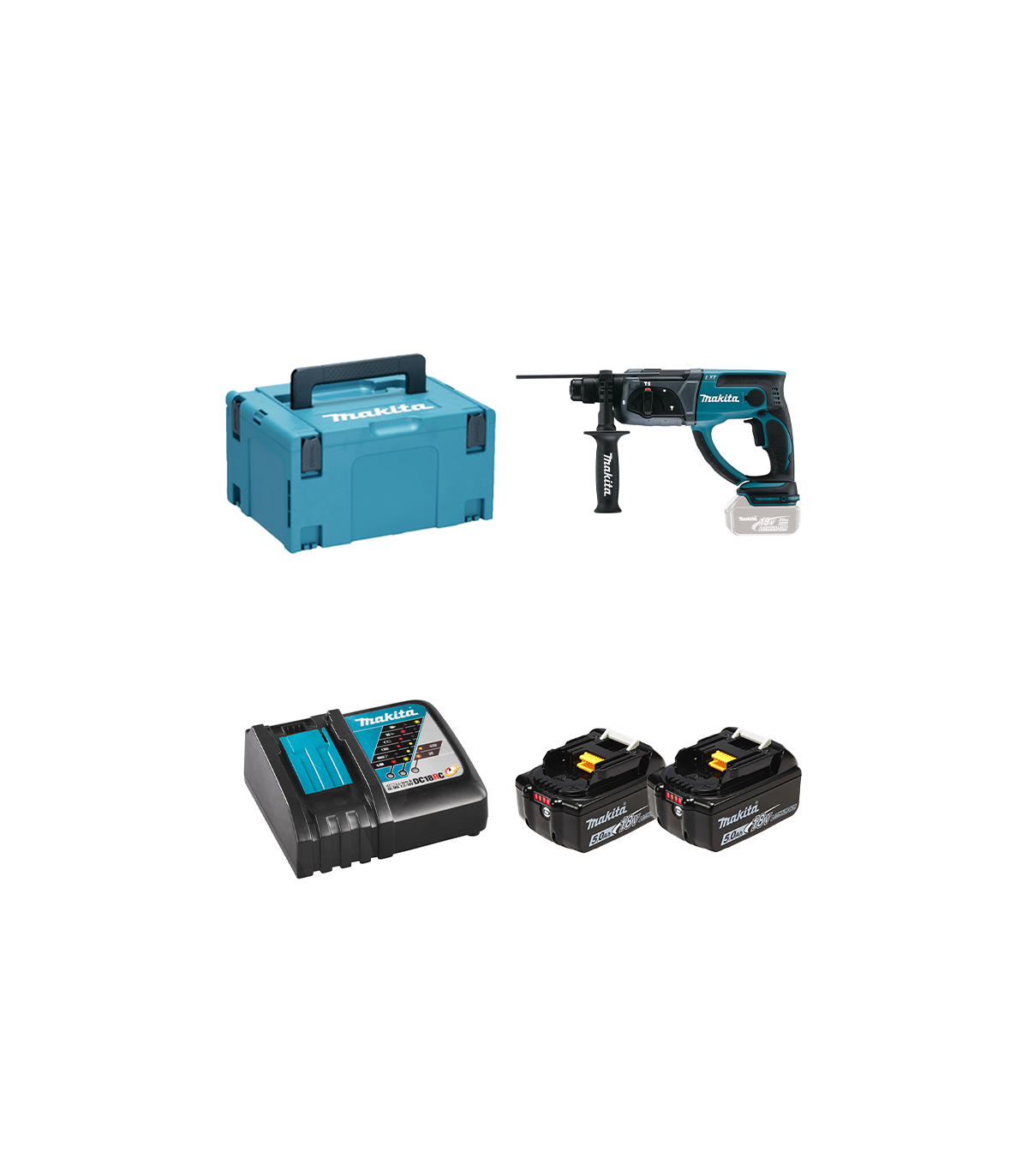 Perforateur burineur DHR202ZJ + 2 batteries BL1850B 18V 5 Ah + 1 chargeur rapide DC18RC MAKITA