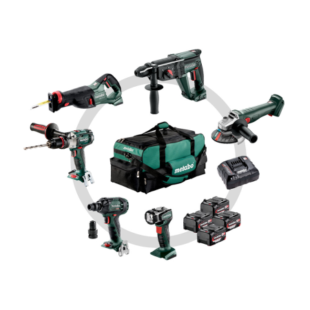 Pack de 6 machines 18V (Perceuse à percussion + Visseuse à chocs + Perforateur + Meuleuse + Scie sabre + Lampe torche) METABO