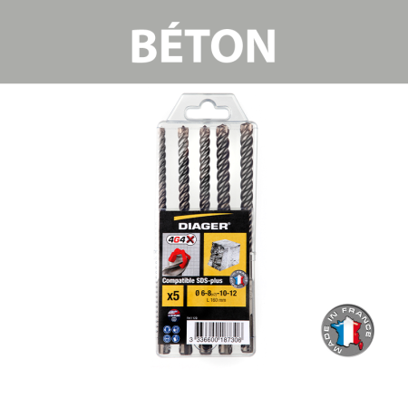 Coffret de 5 forets béton 4GA SDS-Plus L160mm Ø6-8-10-12mm DIAGER