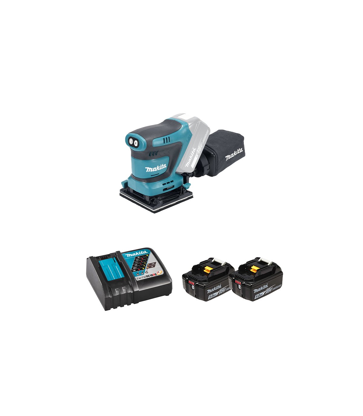 Ponceuse vibrante 18V DBO480Z + 2 batteries BL1850B 18V 5 Ah + chargeur rapide DC18RC MAKITA