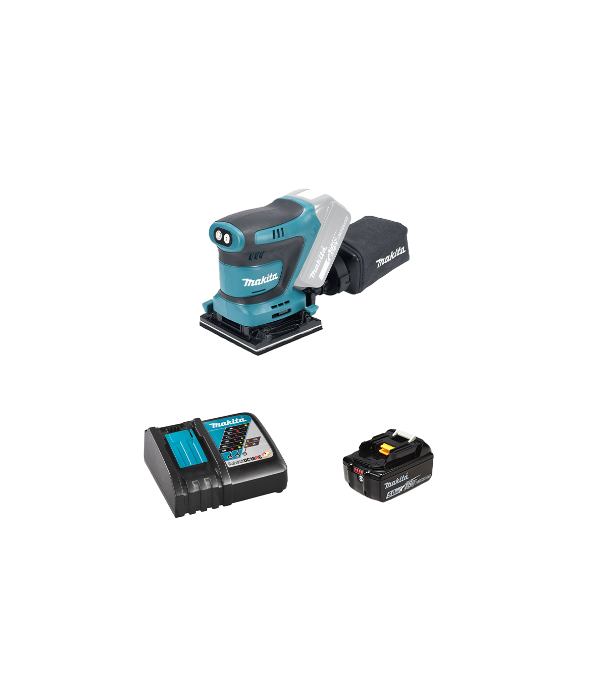 Ponceuse vibrante 18V DBO480Z + 1 batterie BL1850B 18V 5 Ah + chargeur rapide DC18RC MAKITA