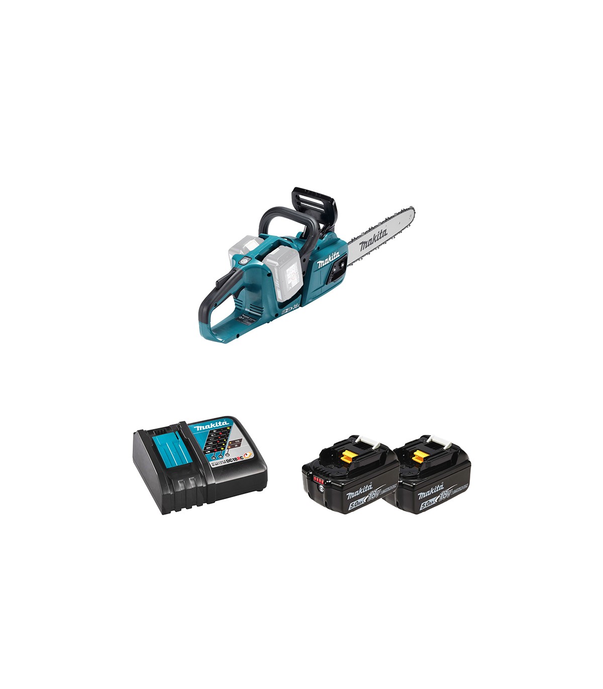 Tronçonneuse 2x18V 35cm DUC355Z + 2 Batteries BL1850B 18V 5 Ah + 1 Chargeur DC18RC MAKITA