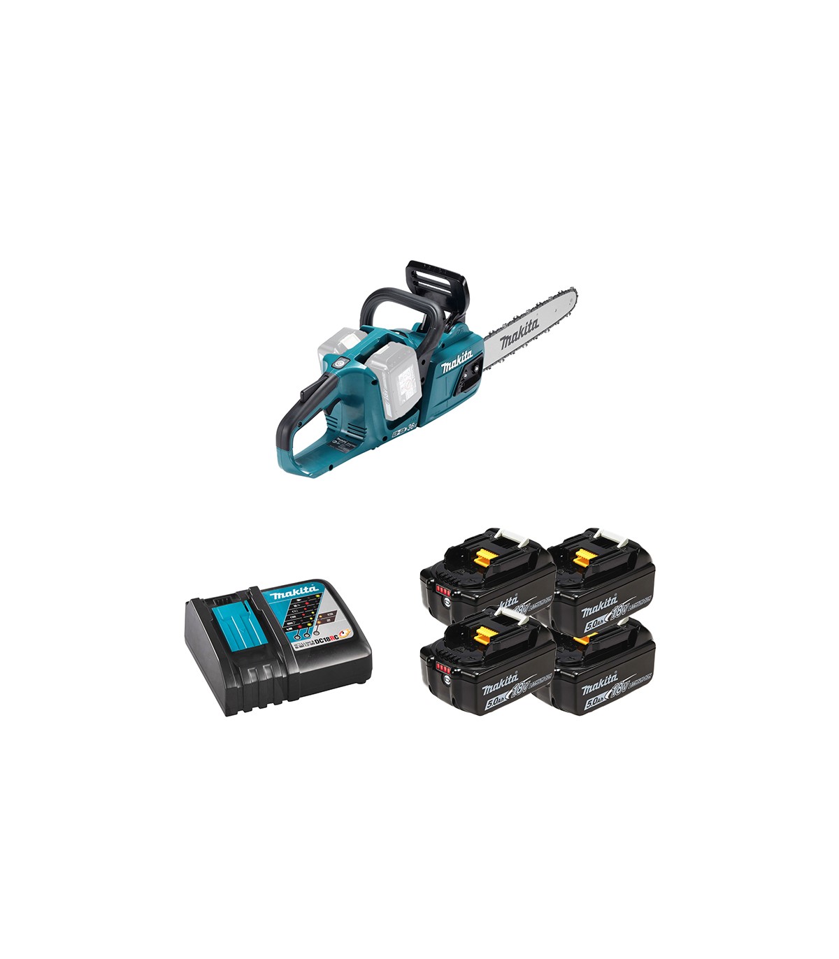 Tronçonneuse 2x18V 35cm DUC355Z + 4 Batteries BL1850B 18V 5 Ah + 1 Chargeur DC18RC MAKITA