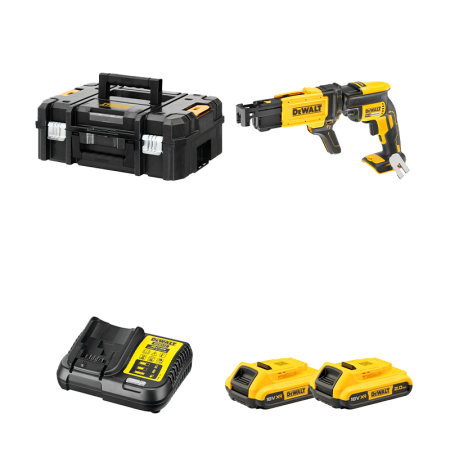 Visseuse à placo 18V DCF620NT-XJ + Chargeur de vis à bande DCF6202 + 2 batteries 18V 2 Ah + 1 chargeur DCB112-QW DEWALT