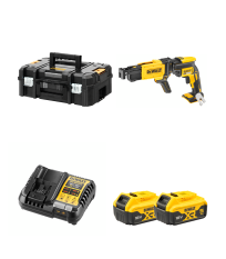 Visseuse à placo 18V DCF620NT-XJ + Chargeur de vis à bande DCF6202 + 2 batteries 18V 5 Ah + 1 chargeur DCB1104-QW DEWALT