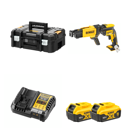 Visseuse à placo 18V DCF620NT-XJ + Chargeur de vis à bande DCF6202 + 2 batteries 18V 5 Ah + 1 chargeur DCB1104-QW DEWALT