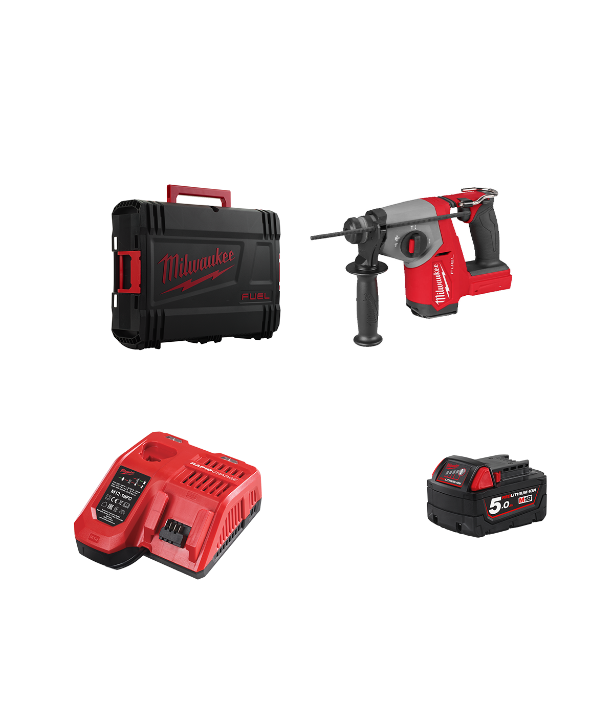 Perforateur SDS Plus 18V M18 FHAC16 + 1 batterie 18V 5 Ah + 1 chargeur M12-18FC MILWAUKEE