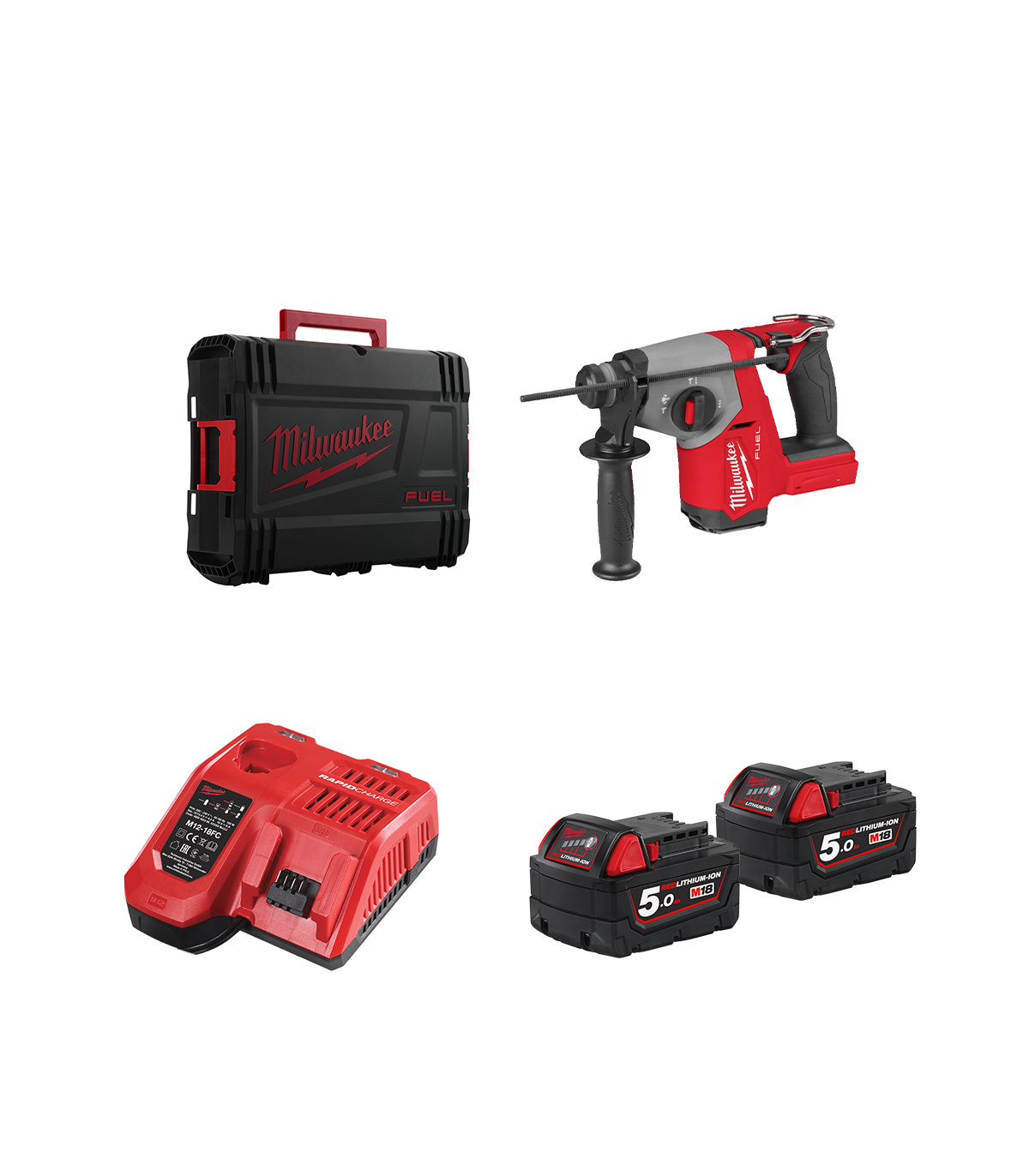 Perforateur SDS Plus 18V M18 FHAC16 + 2 batteries 18V 5 Ah + 1 chargeur M12-18FC MILWAUKEE
