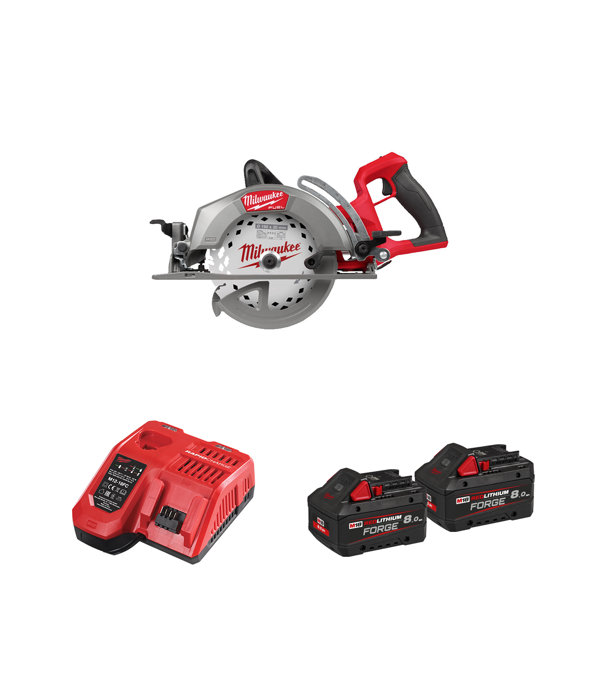 Scie circulaire avec poignée arrière Ø190mm 18V M18 FCSRH662-0 + 2 batteries Forge 18V 8Ah + 1 chargeur M12-18FC MILWAUKE