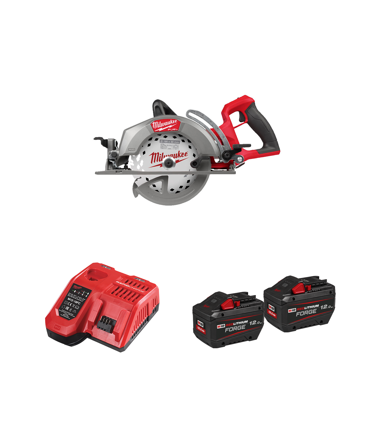 Scie circulaire avec poignée arrière Ø190mm 18V M18 FCSRH662-0 + 2 batteries Forge 18V 12Ah + 1 chargeur M12-18FC MILWAUK