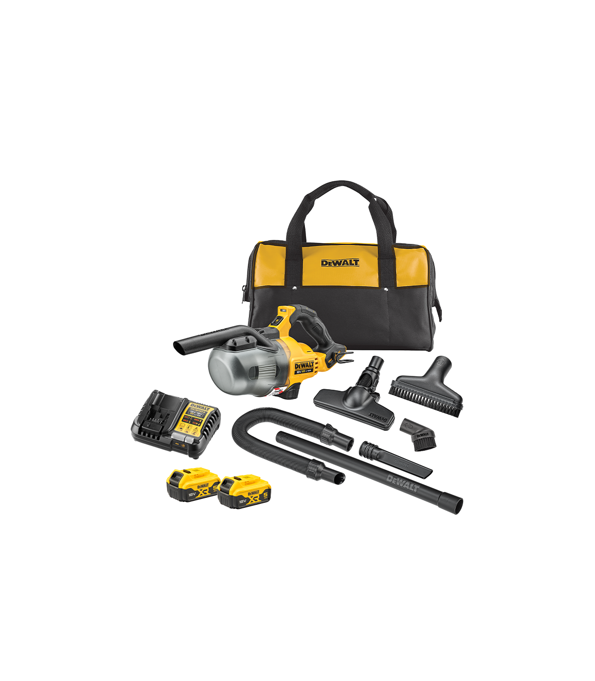 Aspirateur à main 18V DCV501LN-XJ +2 batteries 18V 5 Ah + chargeur DCB1104-QW DEWALT