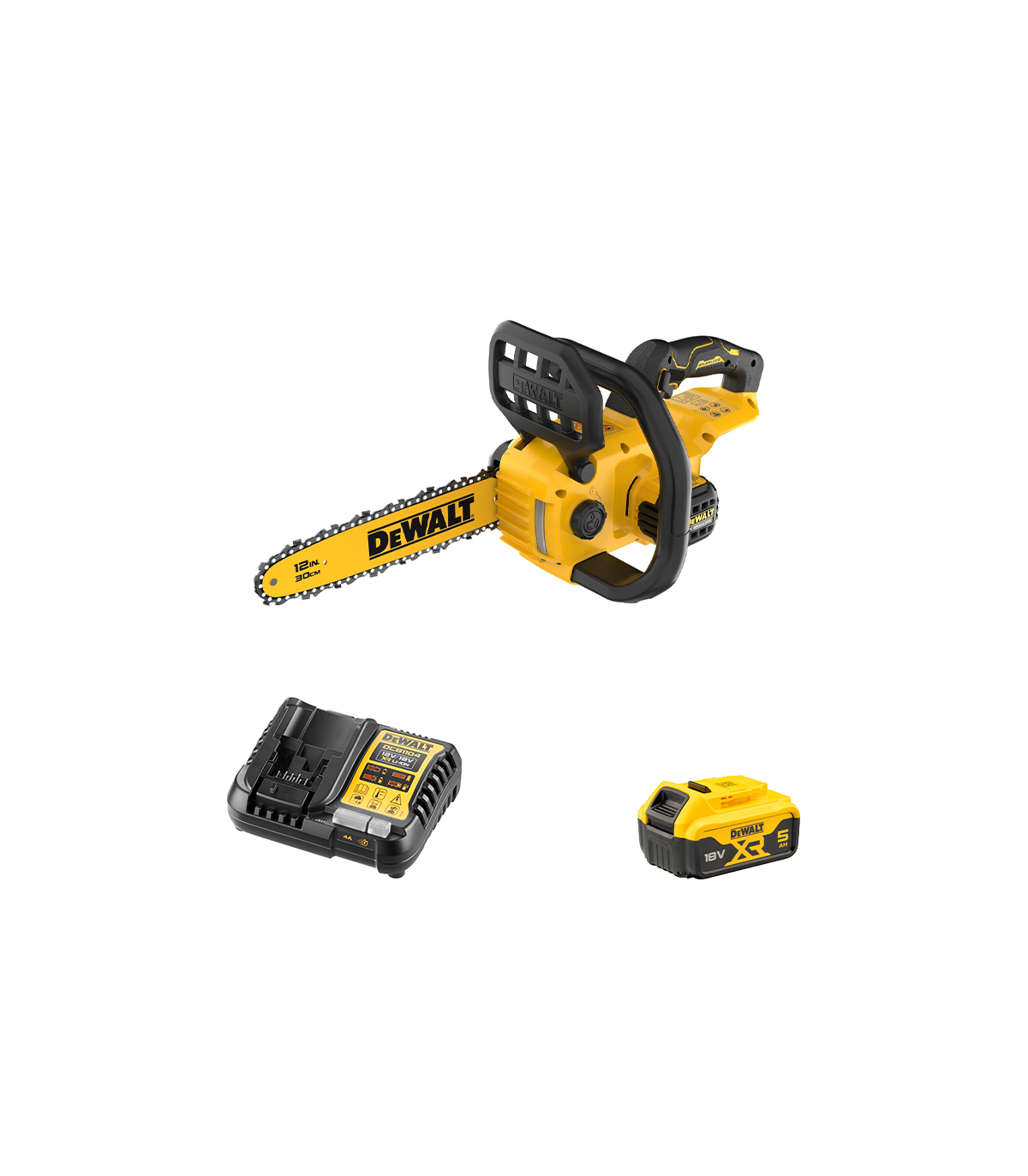 Tronçonneuse 18V 30cm DCMCS565N-XJ + 1 batterie 18V 5 Ah + chargeur DCB1104-QW DEWALT