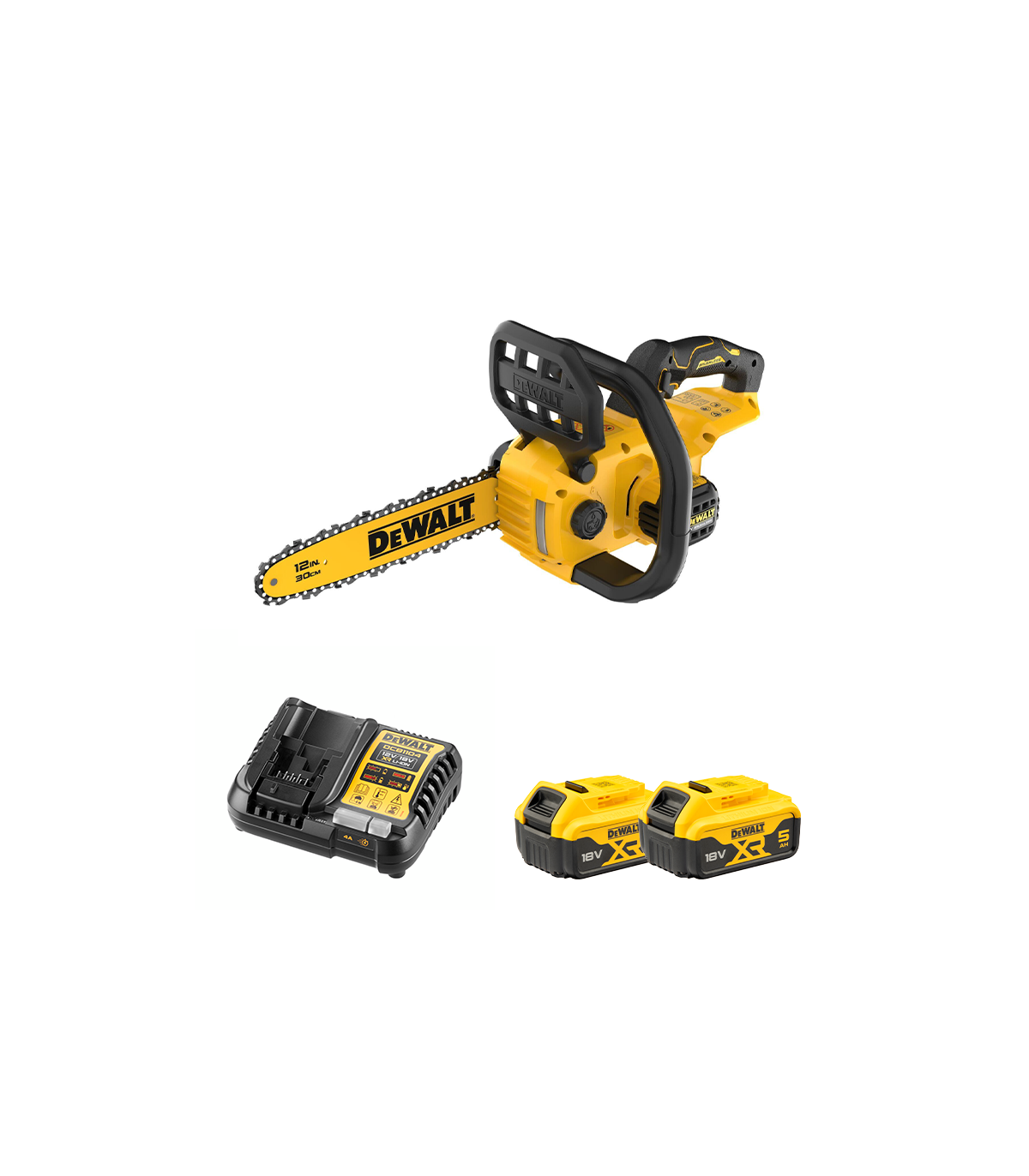Tronçonneuse 18V 30cm DCMCS565N-XJ + 2 batteries 18V 5 Ah + chargeur DCB1104-QW DEWALT