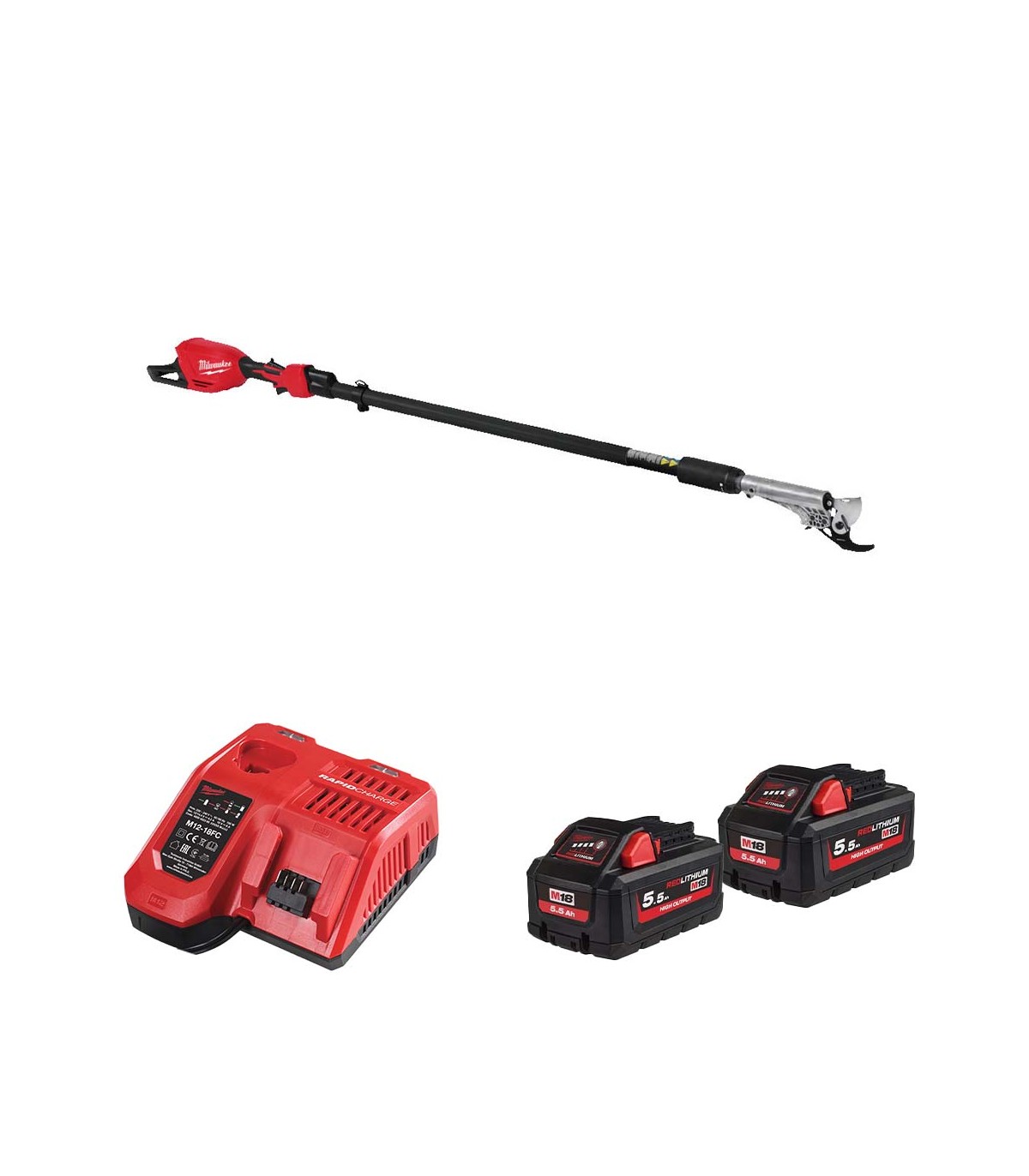 Sécateur sur perche télescopique M18 BLTS-0 + 2 batteries HB 5,5 Ah + chargeur M12-18 FC MILWAUKEE