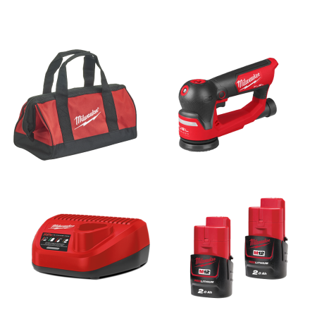 Ponceuse orbitale excentrique Ø75 mm 12V M12 FSDR75-202B + 2 batteries 2 Ah 12V + Chargeur C12C MILWAUKEE