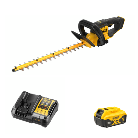 Taille haie 18V 55cm DCMHT564N-XJ + 1 batterie 18V 5 Ah + chargeur DCB1104-QW DEWALT