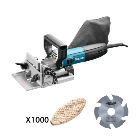 Lamelleuse 701W PJ7000J + Lame carbure Ø100 mm + 1000 lamelles bois N°0 47x15mm MAKITA