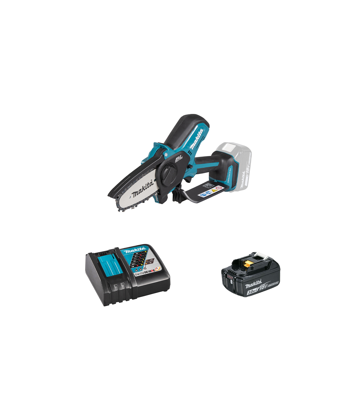 Tronçonneuse d'élagage 18V 10 cm DUC101Z + 1 batterie BL1830B 18V 3 Ah + chargeur rapide DC18RC MAKITA