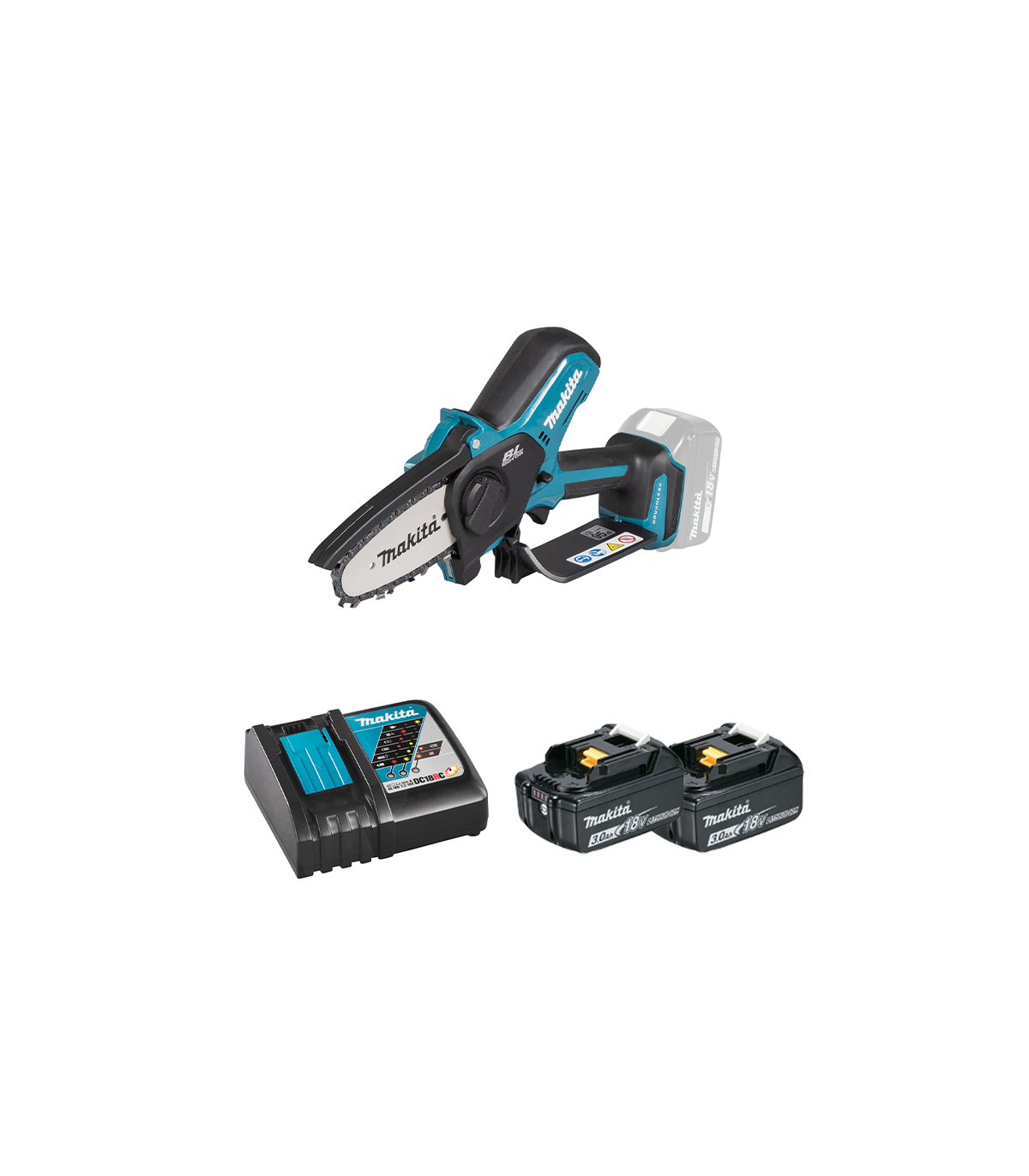 Tronçonneuse d'élagage 18V 10 cm DUC101Z + 2 batteries BL1830B 18V 3 Ah + chargeur rapide DC18RC MAKITA