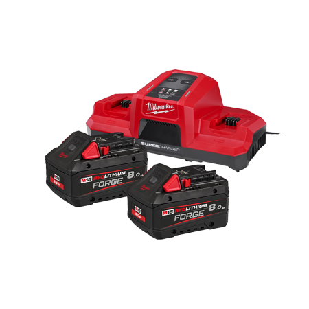 Pack 2 batteries FORGE M18 FB8 18V 8 Ah + chargeur rapide double M18 DBSC MILWAUKEE