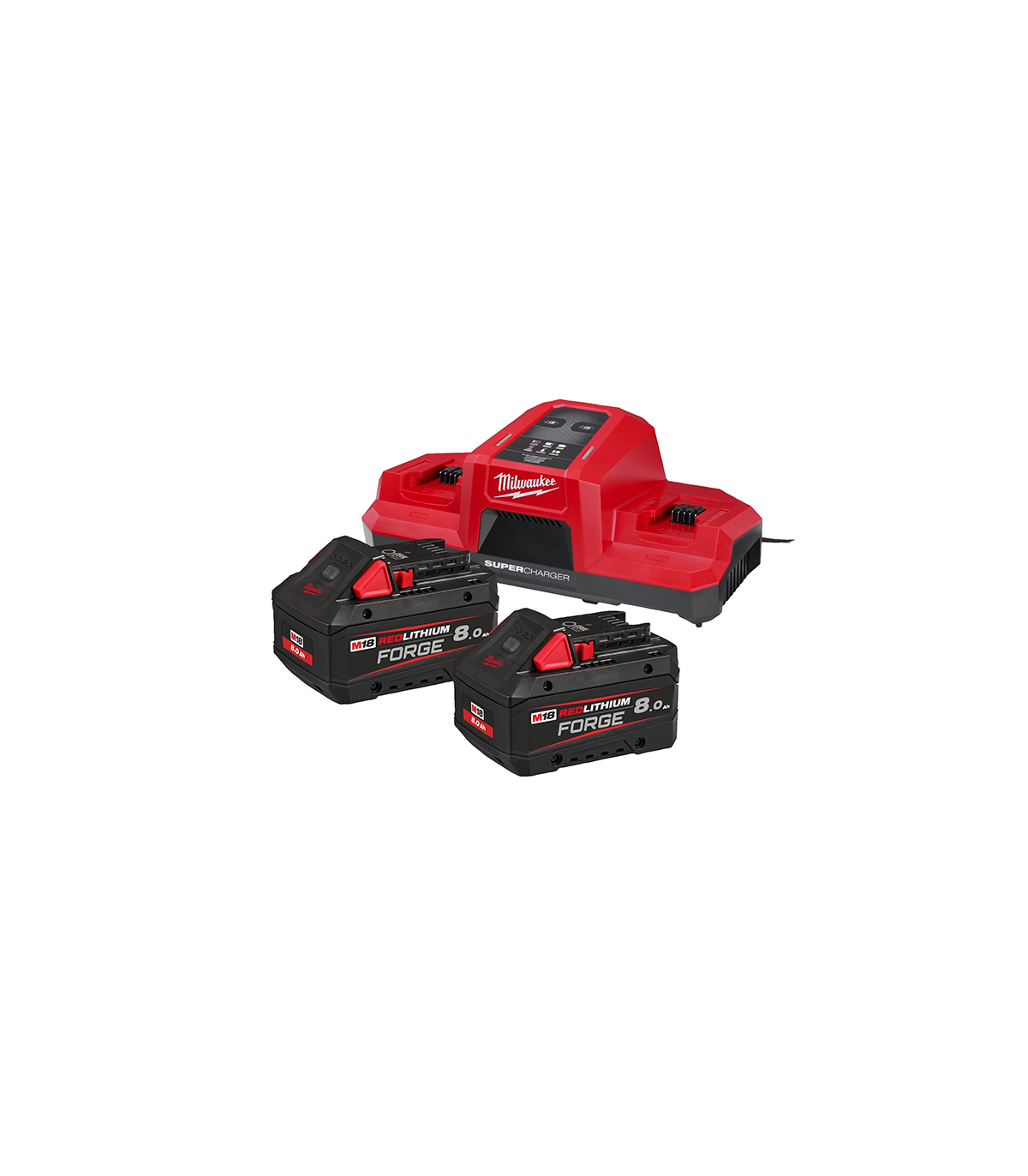 Pack 2 batteries FORGE M18 FB8 18V 8 Ah + chargeur rapide double M18 DBSC MILWAUKEE