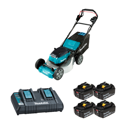 Tondeuse 2 x 18V auto-tractée 46cm DLM465Z + 4 batteries BL1850B 18V 5 Ah + chargeur double DC18RD MAKITA