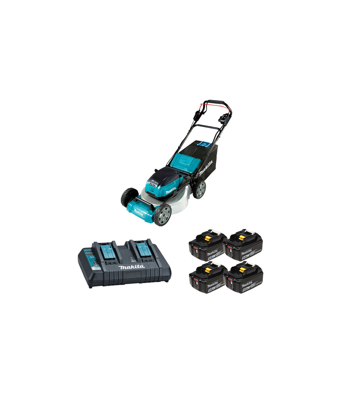 Tondeuse 2 x 18V auto-tractée 46cm DLM465Z + 4 batteries BL1850B 18V 5 Ah + chargeur double DC18RD MAKITA