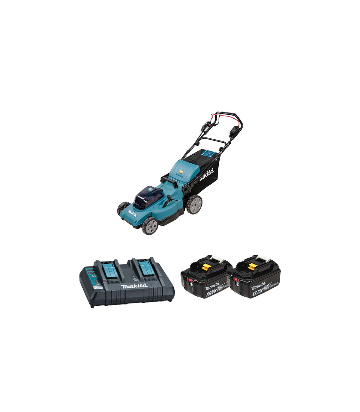 Tondeuse 2 x 18V auto-tractée 48cm DLM481Z + 2 batteries BL1850B 18V 5 Ah + chargeur double DC18RD MAKITA