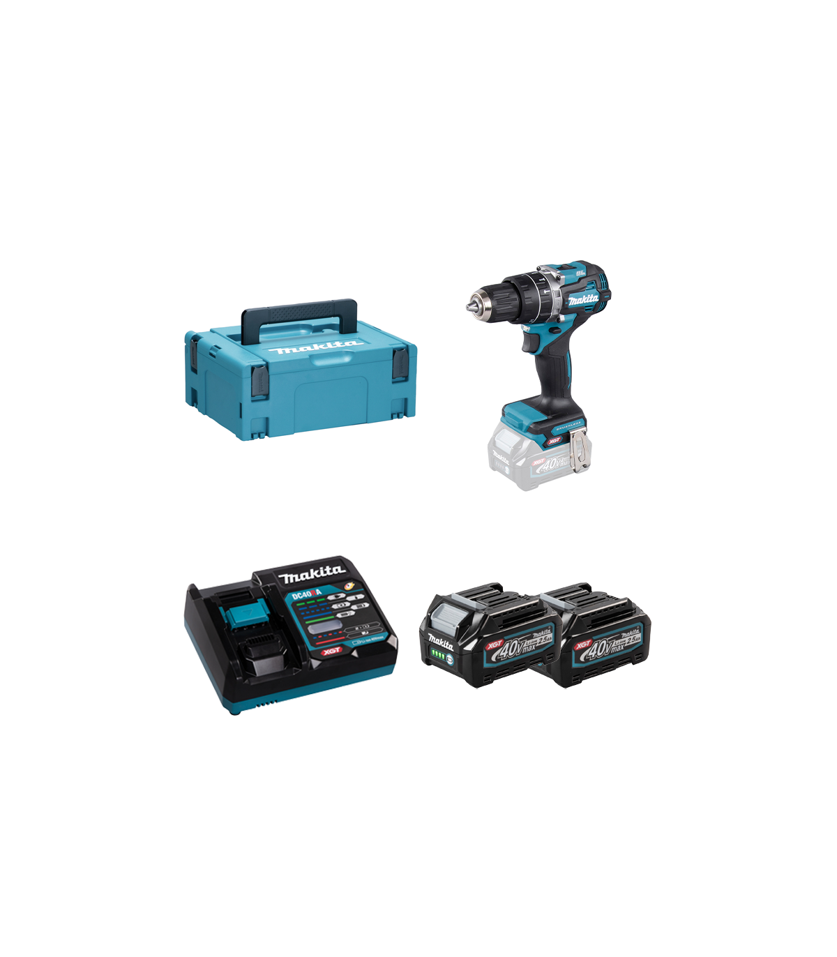 Perceuse-visseuse à percussion 40V 70Nm HP002GZ01 + 2 batteries 40V 2,5 Ah + chargeur rapide DC40RA MAKITA