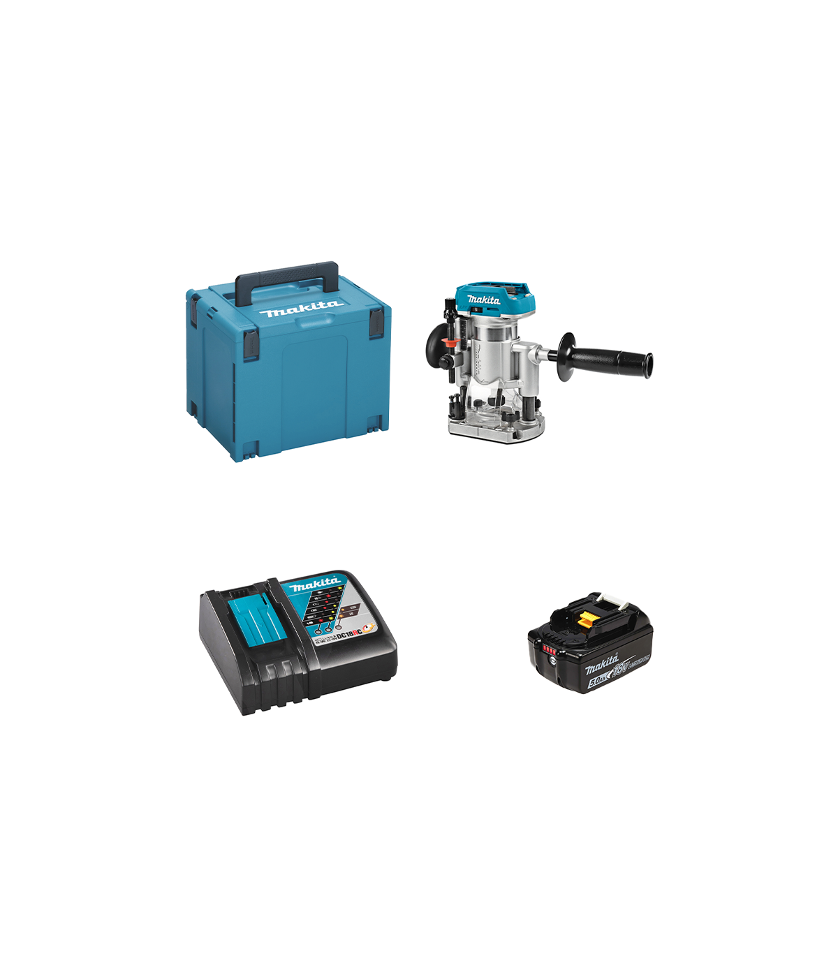 Défonceuse-affleureuse 18V DRT50ZJX3 + 1 batterie BL1850B 18V 5 Ah + 1 chargeur rapide DC18RC MAKITA