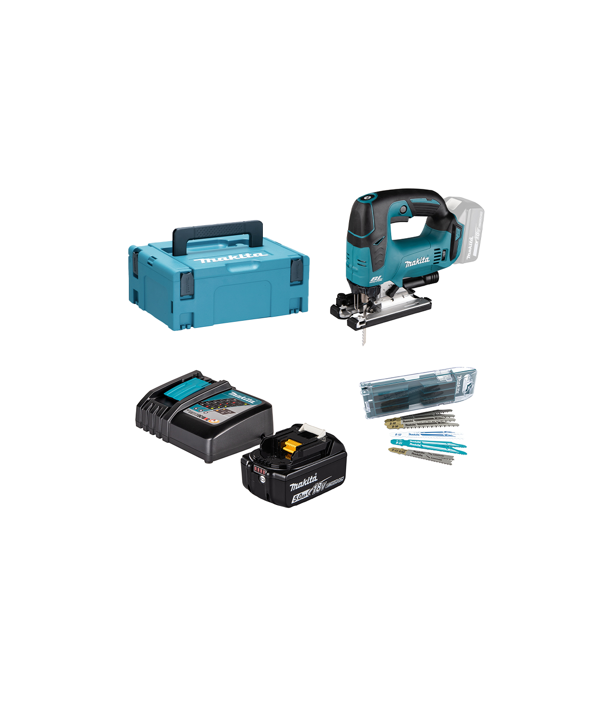 Pack scie sauteuse DJV182ZJ + Batterie BL1850B 5 Ah + Chargeur DC18RC + 10 lames Multimatériaux S-Express MAKITA