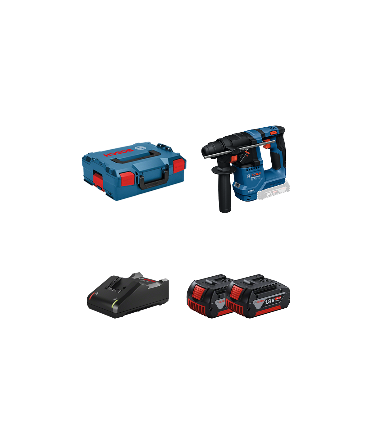 Perforateur SDS Plus GBH 18V-18 + 2 batteries GBA 18V 4 Ah + 1 chargeur GAL 18V-40 BOSCH