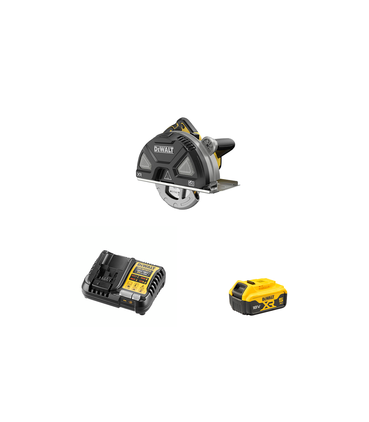 Scie circulaire 18V Ø184 mm DCS383N-XJ DEWALT + 1 batterie 18V 5 Ah + 1 chargeur DCB1104-QW