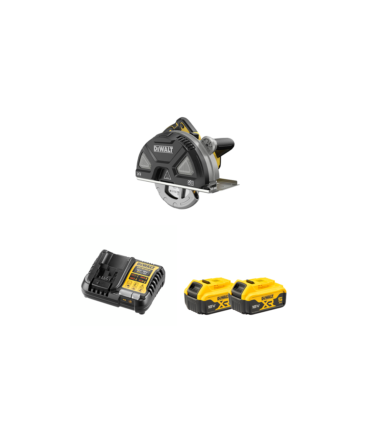 Scie circulaire 18V Ø184 mm DCS383N-XJ + 2 batterie 18V 5 Ah + 1 chargeur DCB1104-QW DEWALT