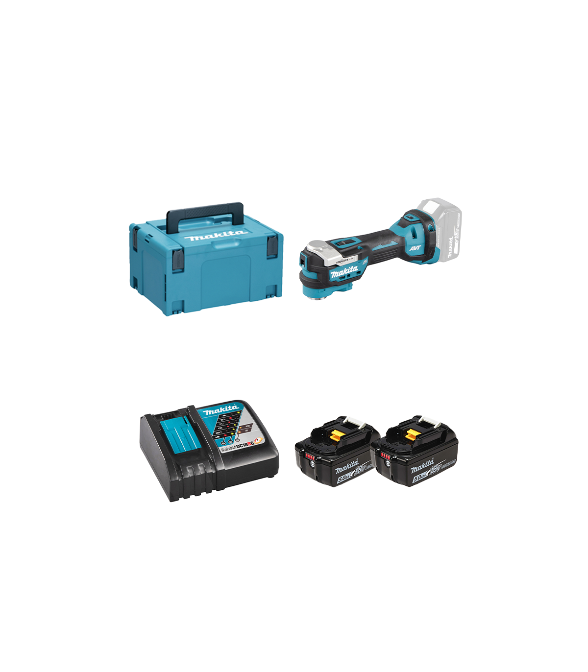 Outil multifonctions 18V DTM52ZJ + 2 batteries BL1850B 18V 5 Ah + 1 chargeur rapide DC18RC MAKITA