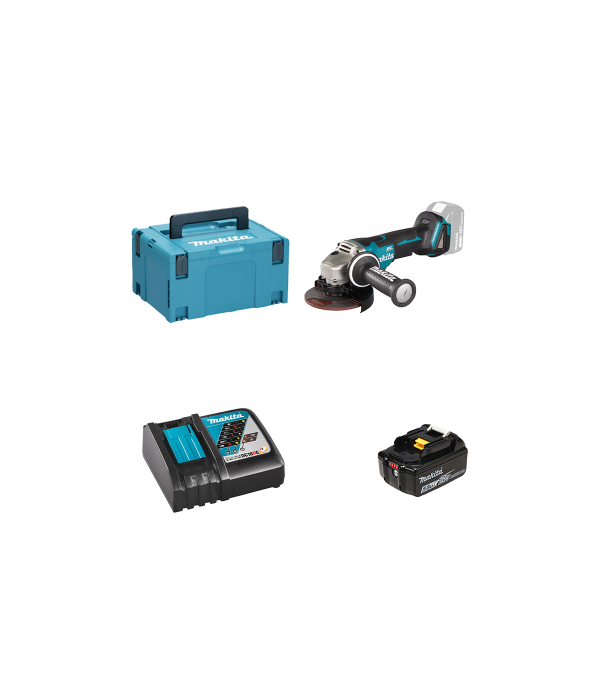 Meuleuse Ø125mm 18V DGA508ZJ + 1 batterie BL1850B 18V 5 Ah + 1 chargeur rapide DC18RC MAKITA