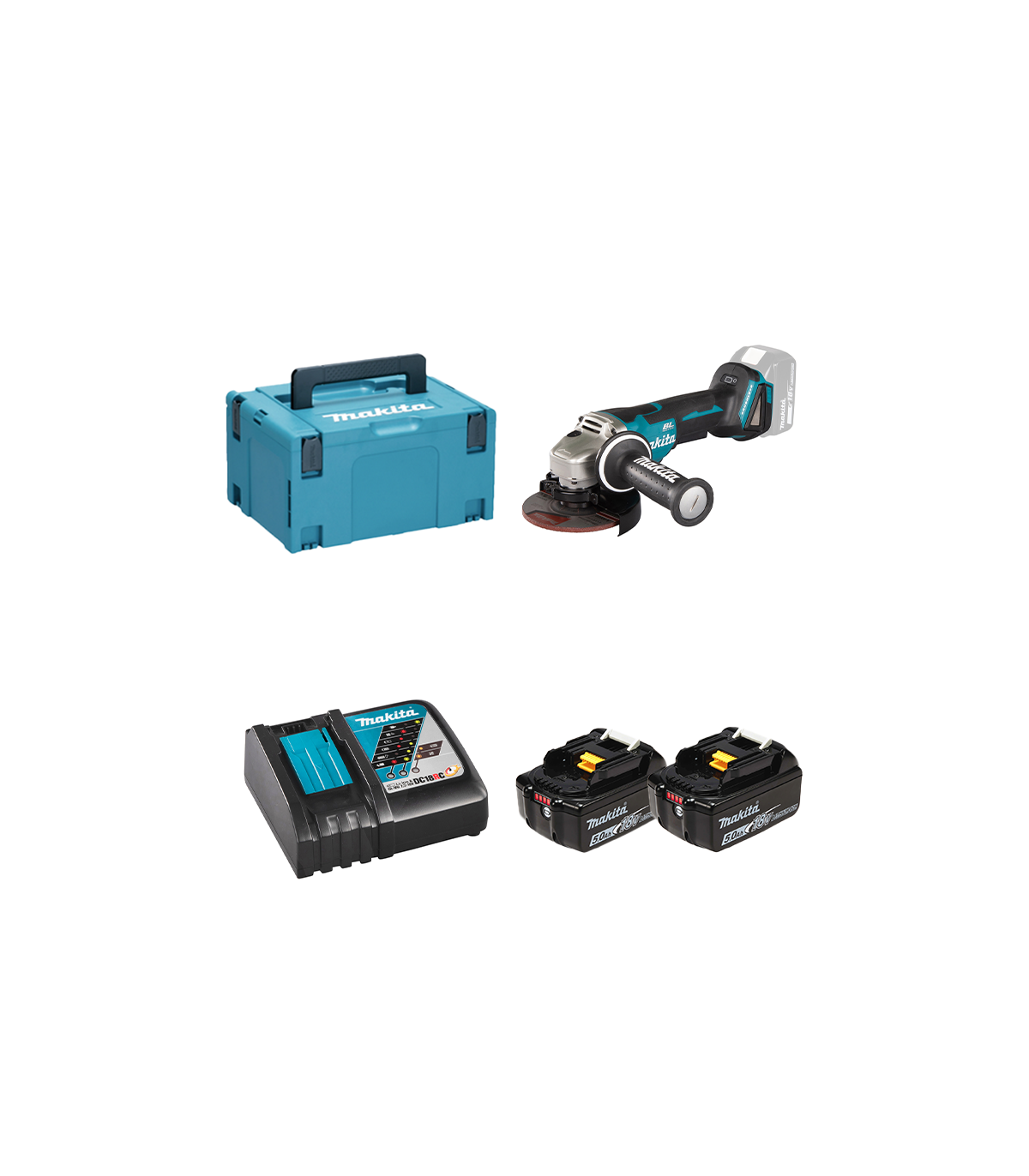 Meuleuse Ø125mm 18V DGA508ZJ + 2 batteries BL1850B 18V 5 Ah + 1 chargeur rapide DC18RC MAKITA