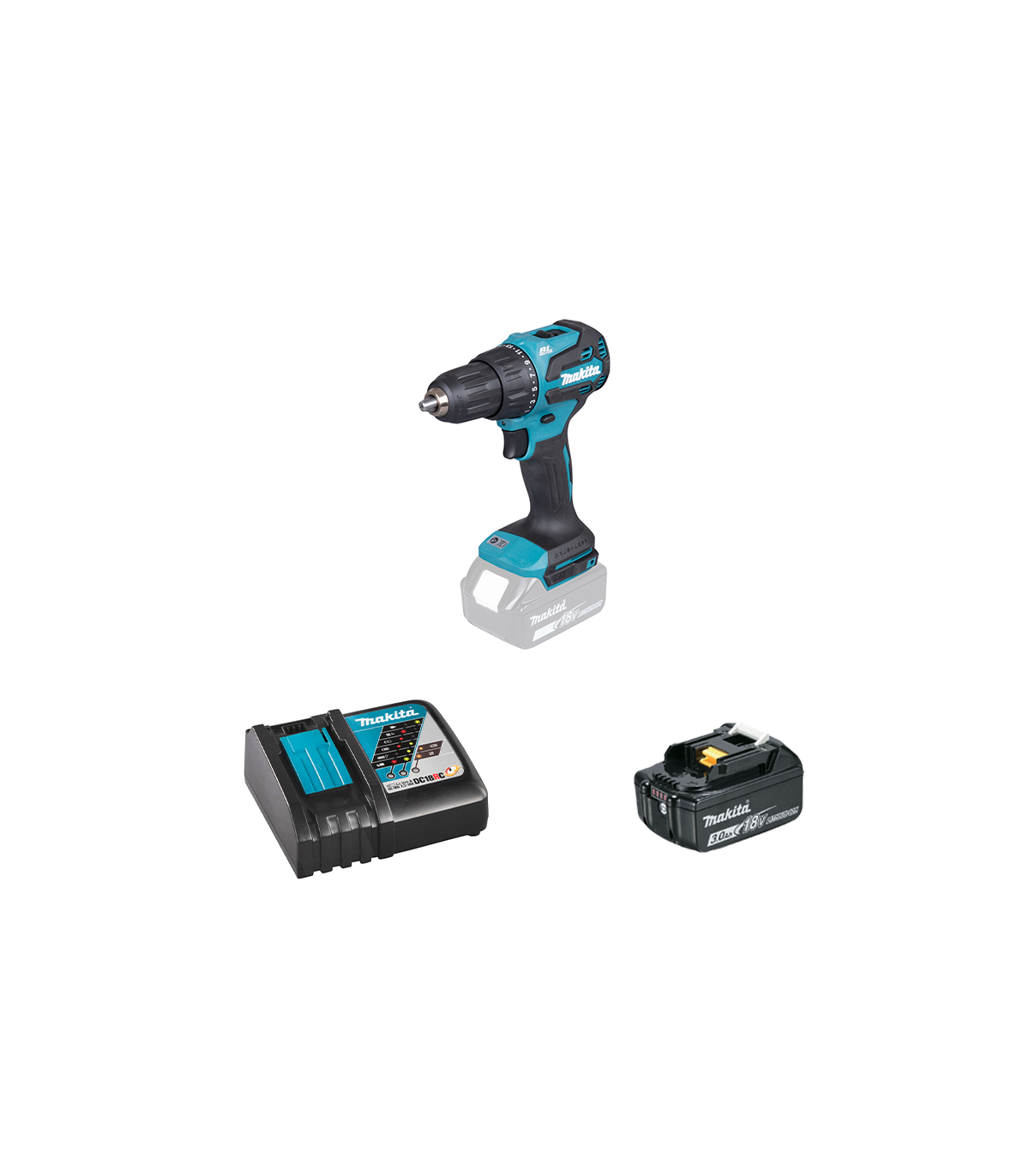 Perceuse-visseuse à percussion 18V DHP490Z + 1 batterie BL1830B 18V 3 Ah + chargeur rapide DC18RC MAKITA