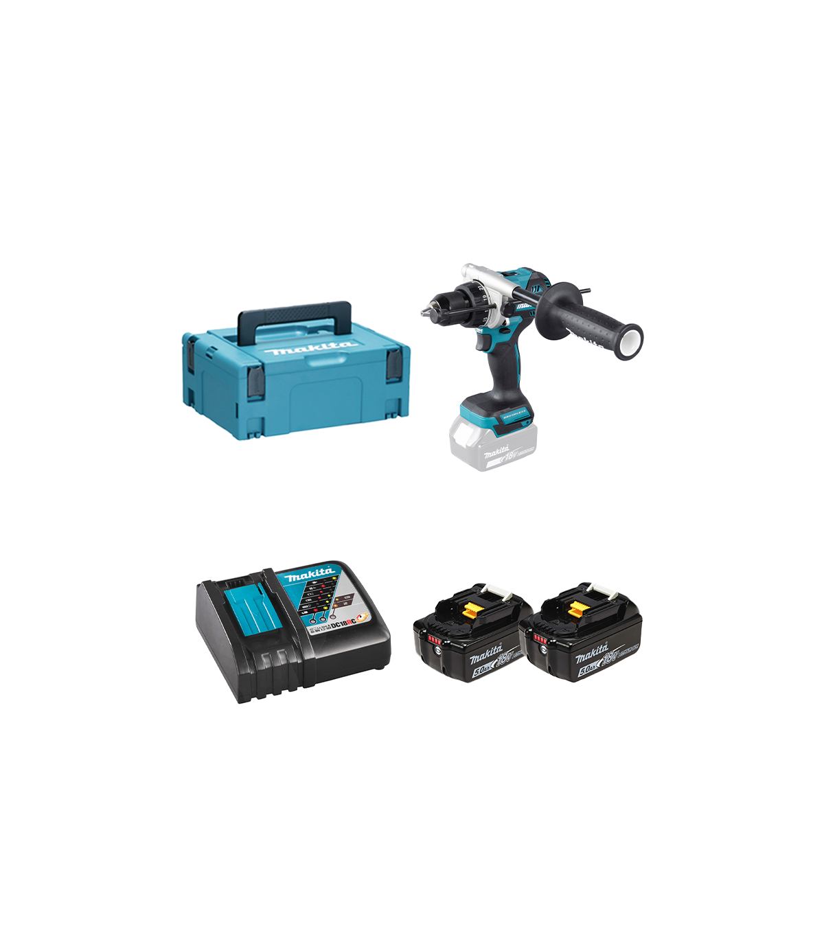 Perceuse-visseuse à percussion 18V DHP492ZJ + 2 batteries BL1850B 18V 5 Ah + chargeur rapide DC18RC MAKITA
