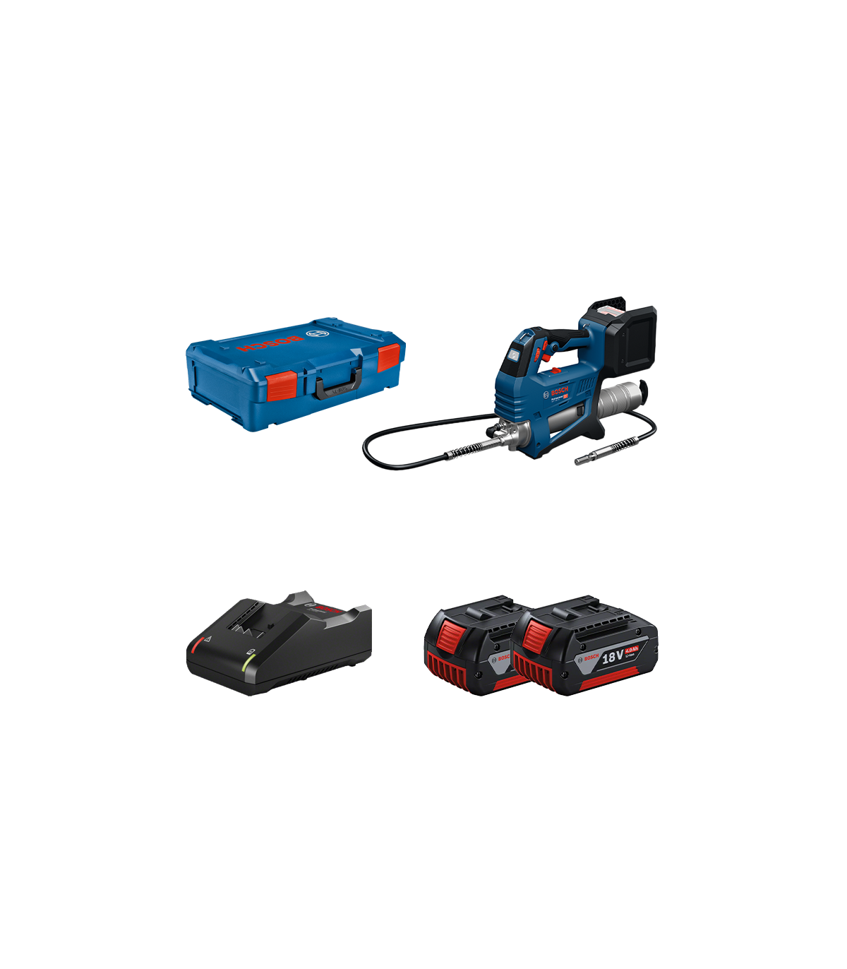 Pompe à graisse 18V GFP 18V-10 + 2 batteries GBA 18V 4 Ah + 1 Chargeur GAL 18V-40 BOSCH